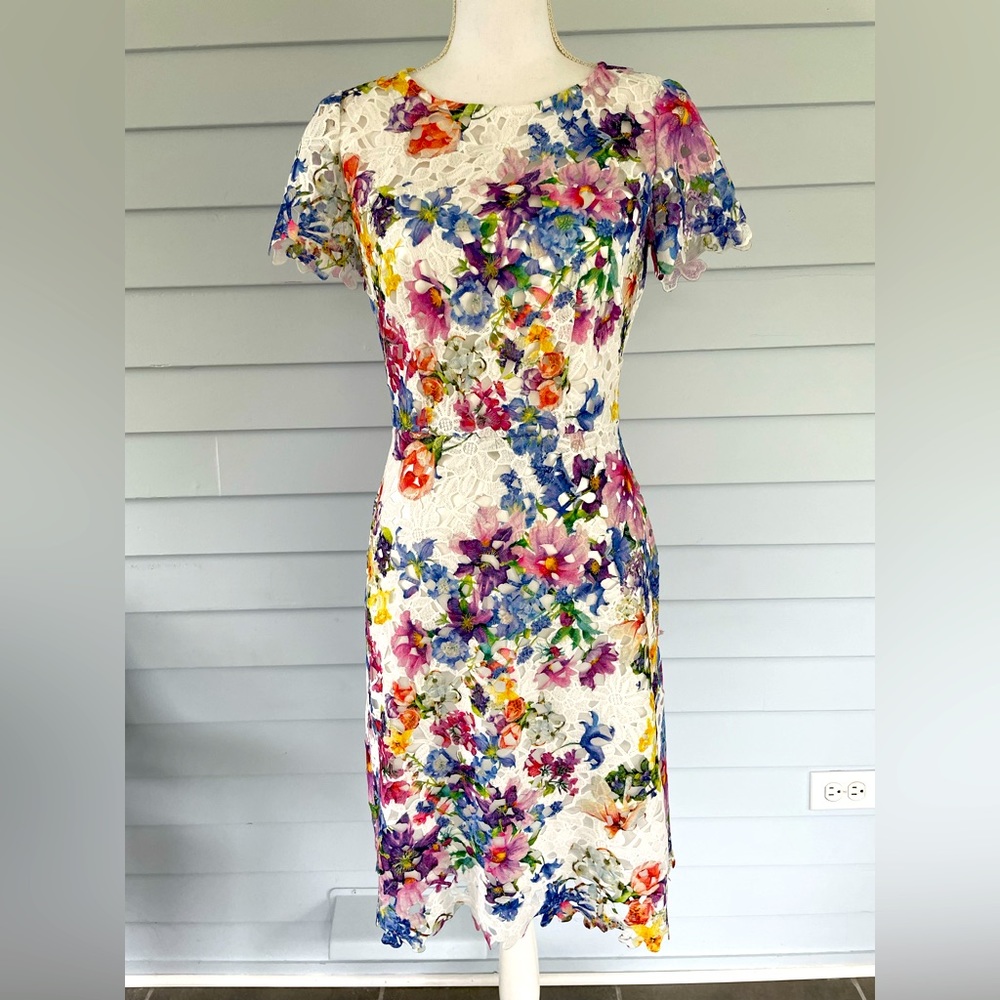 Size 2, Tahari, Arthur S. Levine, Floral Embroidered Lace Round Neck Cap Dress